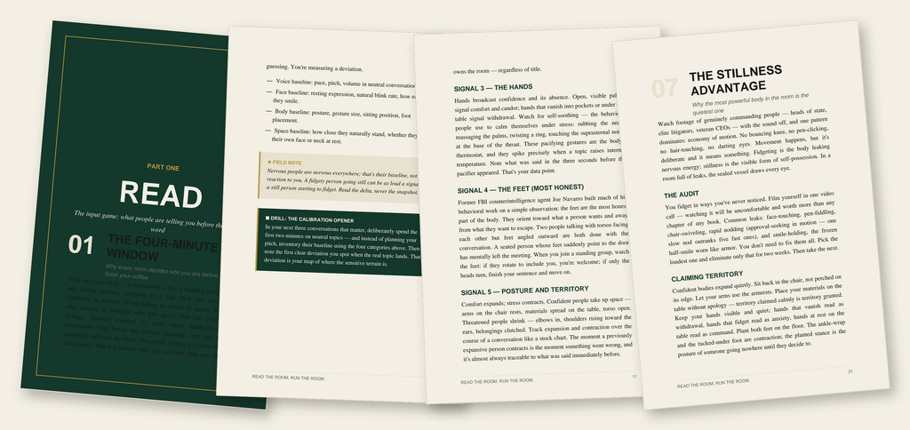 Inside spread from Read the Room. Run the Room. — the Seven-Signal System explained