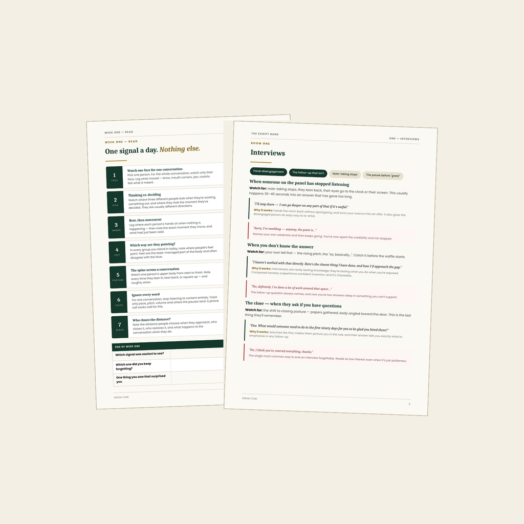 Inside pages: a week of drills, and the six-rooms script pages