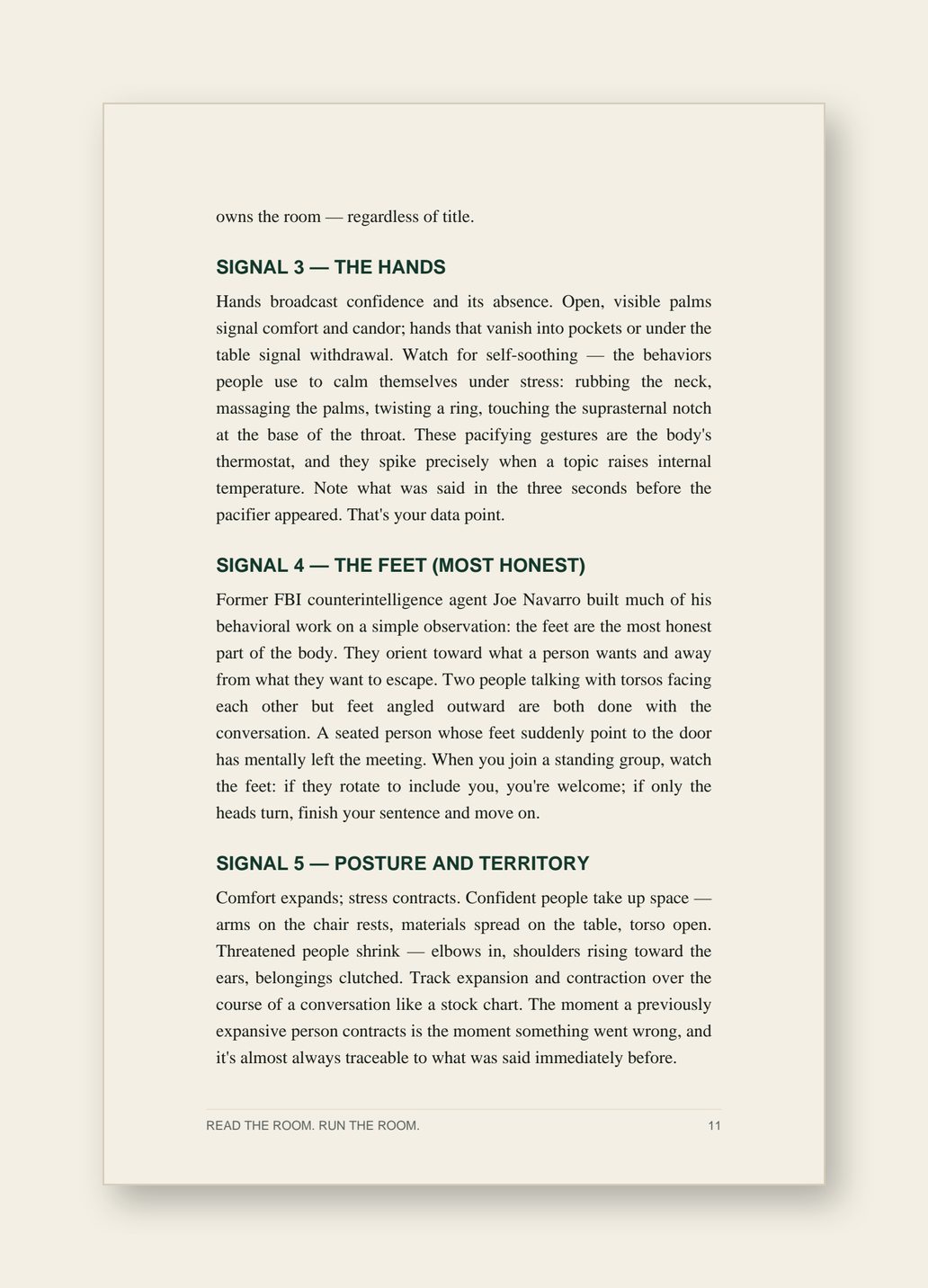 Sample page — reading the seven signals: face, eyes, hands, feet, posture, voice and space